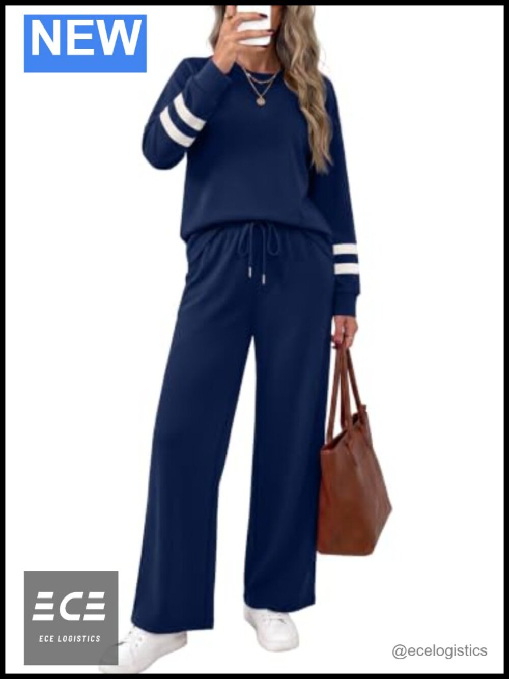 Two Piece Lounge Set Long Sleeve Varsity Stripe Wide Leg Pants Casual Fall